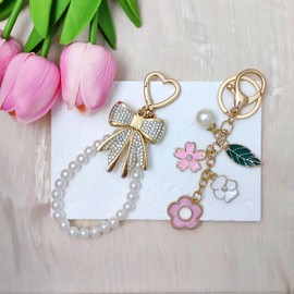 UDPP 2Pcs Cherry Keychain & Pearl Bow Keychain, Sparkly Bowknot Purse Charm Flower Key Chain for Women Handbags Backpacks Keys (Flower & Rhinestone Bow)