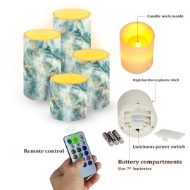 NETILGEN Flameless LED Battery Candles Pack of 4 Waterproof Pillar Candles Tealights with 18-Key Timer Remote Colorful Lights for Indoor Outdoor Home Outdoor Wedding Decor, Blue Gold Marble