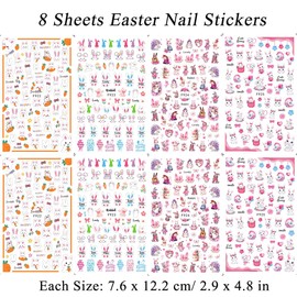 8 Sheets Easter Nail Stickers Cute Bunny Nail Art Decals 3D Self-Adhesive Rabbit Carrots Flower Nail Designs Bunny Ears Nail Stickers for Women Kids DIY Nail Decoration Nail Supplies Accessories