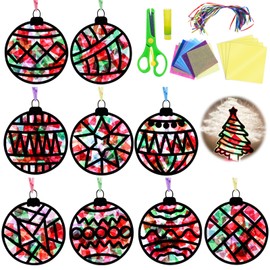 EggSun 36 Sets Christmas Suncatchers Ornament Arts Craft Kit for Kids,Holiday Balls DIY Window Arts and Crafts Kit Stained Glass Tissue Paper for Xmas Projects Home Birthday Party Favors Decorations