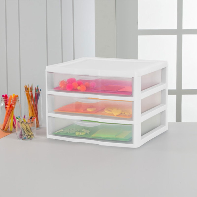 Sterilite 3-Pack Wide 3 Drawer Unit, Plastic Desktop Organizer with