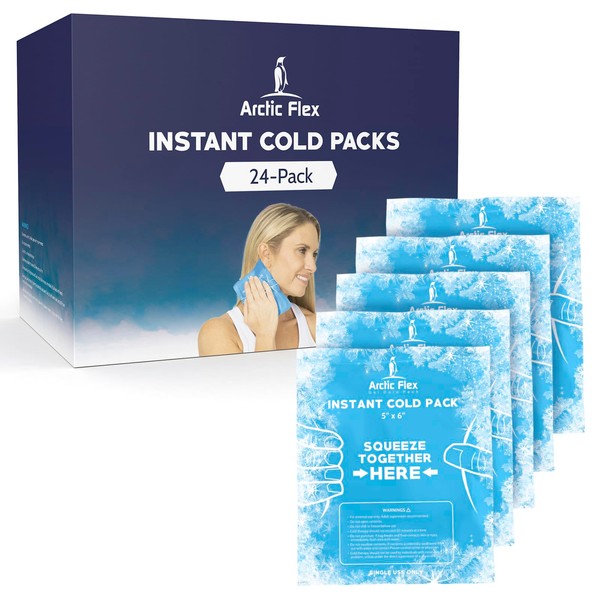 Arctic Flex Instant Cold Packs (24 Pack) - Disposable Single Use Ice for Injuries, Pain Relief, Inflammation and Swelling - Portable for First Aid, Sports, Travel, Camping - 5" by 6" Therapy Compress