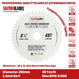 TCT21048TMPT Saxton TCT Multi Purpose Innovation Circular Saw Blade 210mm x 48T Wood and Metal fits Bosch Dewalt Ryobi Makita etc
