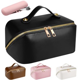 EECH Makeup Bag Large Capacity Travel Cosmetic Bag Travel Makeup Bag Waterproof Leather Portable Makeup Organizer Bag with Dividers Flat Makeup Bag for Women, smooth-black