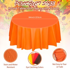 VAIPI 16 Pcs Fall Plastic Round Tablecloth Autumn Disposable Table Cloth Thanksgiving Plastic Circular Tablecloths Brown Orange Yellow Red Table Cover for Thanksgiving Harvest Holiday Party, 84 Inch