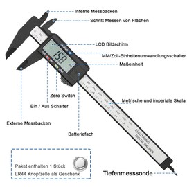 Mesee Digital Calliper, Precision Caliper, 150 mm Carbon Fibre High Precision Digital Calliper with LCD Display, Electronic Measuring Gauge Measuring Tools for Precise Measurements