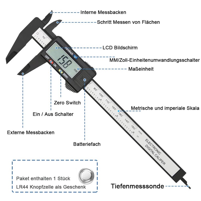 Mesee Digital Calliper, Precision Caliper, 150 mm Carbon Fibre High