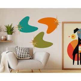 Mid-Century Set of 3 Modern Boomerangs with Stars Wall Decals | 70's Retro Boomerang Pattern Wall Decals | Retro Abstract Wall Decals | 17" x 22" Peel and Stick Wall Decor