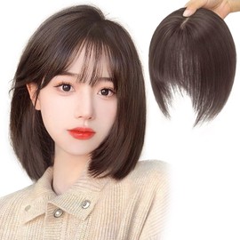 Hanzhuo 100% Human Hair with Bangs, Hair Hidden, One Touch, Volume Up Hairpiece, Bangs, Partial Wig, Thin Hair, Volume Up, Breathable,