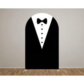 Aerdce Black Tuxedo Bowtie Arch Fabric Covers Boss and Boy Baby Stretchy Arched Stand Backdrop Cover for Birthday Party Baby Shower Decoration Supplies(Only Cover)