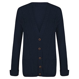 Purple Hanger New Womens Everyday Long Sleeve Button Top Ladies Chunky Aran Cable Knit Grandad Cardigan (12-14 ML, Navy)