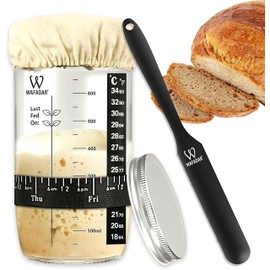 Sourdough Starter Jar Kit –24 oz Glass Jar with Date Marked Feeding Band, Thermometer, Silicone Scraper, Sewn Cloth Cover & Aluminum Lid – Complete Reusable Wafadar Sourdough Bread Baking Supplies