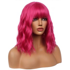 MAGQOO Hot Pink Wig Magenta Wig Women Hot Pink Bob Wig Short Curly Wavy Wig Pink Wig with Bangs Synthetic Heat Resistant