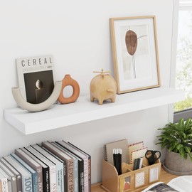 30 Inch Floating Shelves, White Wood Floating Shelves for Wall Set of 2, 30'' Long Wooden Wall Shelves for Living Room Bedroom Bathroom Home Office - White