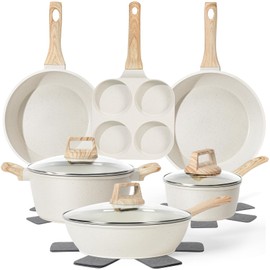 13 Pcs Pots and Pans Set, Nonstick Cookware Sets White Granite Induction Cookware, Non-toxic Healthy Non stick Kitchen Cooking Set with Frying Pans Set, Saucepans (PFAS/PFOA/PFOS Free)