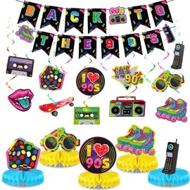 Blosssound 27 Pcs 80s 90s Party Decorations 1980s 1990s Hip Hop Banner Hanging Swirls Ceiling Honeycomb Centerpieces for Back to the 1980s 1990s Throwback Birthday Neon Party Decor Supplies (90s)