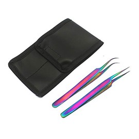 OdontoMed2011 Set of 2 Stainless Steel Multi Titanium Rainbow Color 3D Eyelash Extension Tweezers Pro Straight + Strong Curved Fine Point Jewelry-Making, Laboratory Work