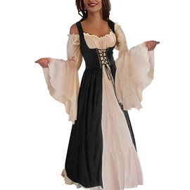 Abaowedding Womens's Medieval Renaissance Costume Cosplay Chemise and Over Dress Small/Medium Black and Ivory