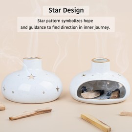 ZenBless 3 in 1 Incense Holder for Palo Santo Sticks Sage Bundles Cone Incense, Handcrafted Ceramic Incense Burner Holder Ash Catcher with Chimney, Smudge Bowl for Yoga Meditation Room (Star)