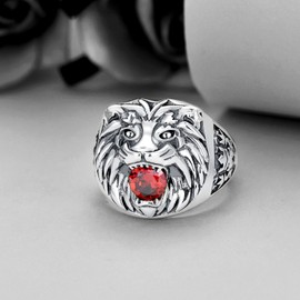 PYTALI Lion Head Ring for Men Sterling Silver Ruby Ring Vintage Gothic Biker Roaring Lion Head Animal Rings Punk Lion Jewelry Gift for Men(12)