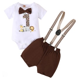 My 1st Birthday Baby Boys Animals Print Short Sleeve Romper Tops+Solid Suspenders Pant Set Infant 2Pcs Summer Clothes(Brown,12-18M)