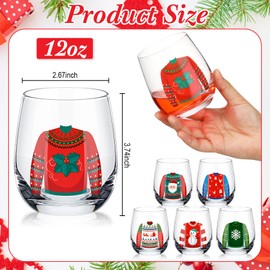 12 Pcs Christmas Wine Glass 12oz Xmas Wine Glass Funny Christmas Themed Wine Glass Cups Christmas Tree Santa Snowman Stemless Drinking Glass Christmas Party Gift for Xmas Party Event
