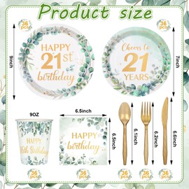Yungyan 252 Pcs Sage Green 21st Birthday Tableware Decorations Eucalyptus Happy 21 Birthday Party Supplies Greenery Disposable Boho Plates, Napkins, Cups, Spoon, Forks and Knives