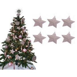Pack of 6-8cm 3D Glitter Star Baubles Christmas Tree Decorations (Rose Gold)