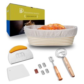 PIDIUDIU Sourdough Baking Supplies Set of 5, Oval 10 Inch Banneton Bread Proofing Basket with Bread Lame, Danish Dough Whisk with Stainless Steel, Dough Scraper Kit, Bowl Scraper – Baking Gift Kit