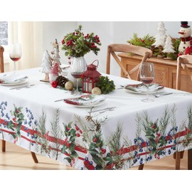Home Bargains Plus Pine Berry Provence Christmas Fabric Tablecloth, French Country Holiday Pine Needles and Berries Stain Resistant Easy Care Tablecloth, 60 Inch x 120 Inch Oblong/Rectangle