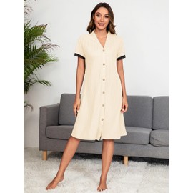 POKWAI Women's Nightshirt Short Sleeve Button Down Nightgown V-Neck Soft Sleepwear Pajama Dress(Apricot,XX-Large)