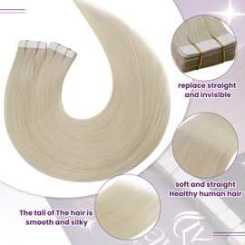 LaaVoo Tape in Hair Extensions Human Hair Blonde Hair Extensions Remy Real Hair Extensions Platinum Blonde Tape in Hair Extensions Invisible Tape in Hair Extensions 12 Inch 20 Pieces/30g #613