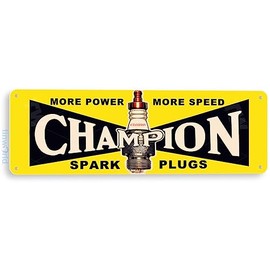 Tinworld Tin Sign: Champion Power Retro Spark Plug Metal Sign Auto Shop Garage Cave 6" x 18" A281