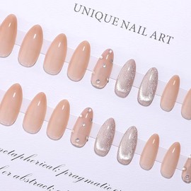 Glitter Press on Nails Medium Almond Fake Nails Nude False Nails with Design Rhinestone Glue on Nails Reusable Artificial Acrylic Glossy Full Cover Shiny Stick on Nails for Women Manicure 24pcs