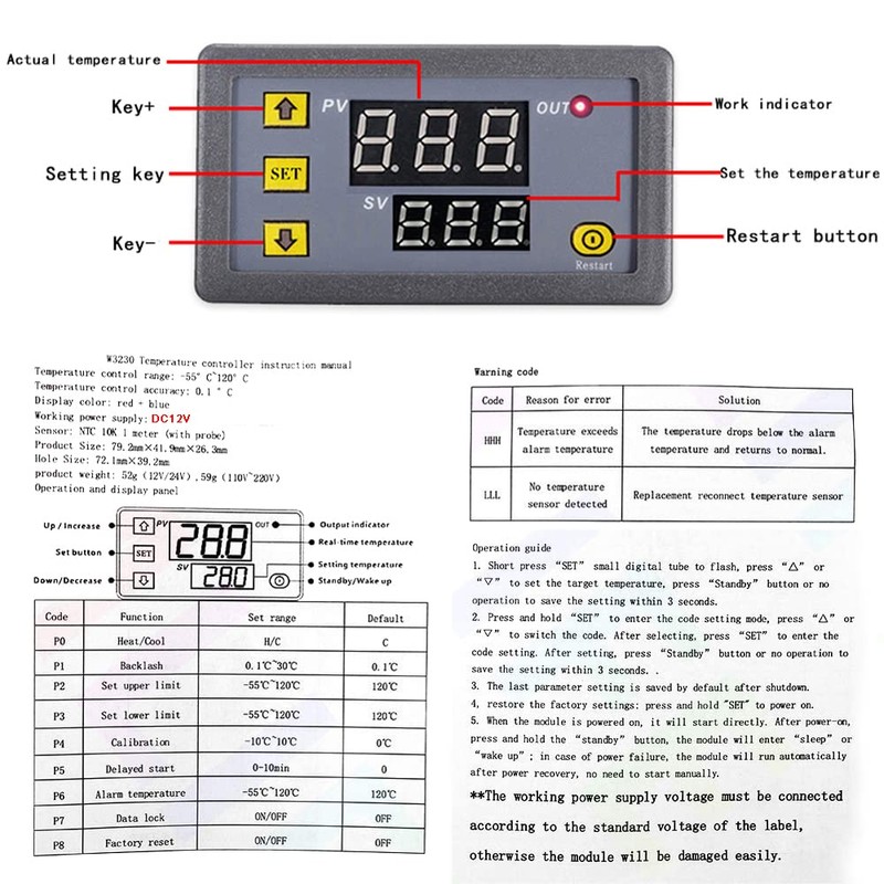 Greluma W3230 DC 12V Digital Temperature Controller, 20A LED Display,