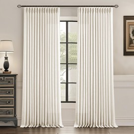 Uqocnh Pinch Pleated Linen Curtains White 90 inches Long Flax Farmhouse Semi Sheer Beige White Curtains for Living Room Bedroom Pleated Drapes Rod Pocket Back Tab Window Curtain Set, 2 Panels