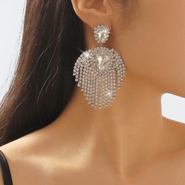 Jumwrit Teardrop Crystal Chandelier Earrings Long Tassel Dangle Earrings Sparkling Rhinestone Fringe Chain Statement Earrings Bridal Wedding Party Jewelry for Women, Middle, Zinc, Rhinestone