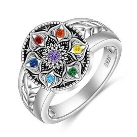 7 Chakra Ring Mandala Lotus Flower Rings for Women Sterling Silver Yoga Chakra Seven Stones Balance Jewelry Gifts Size 11