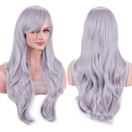 IMISSU 70 cm Long Hair Water Wavy Wigs with Fringe Cosplay Costume Wig (Silver Grey)