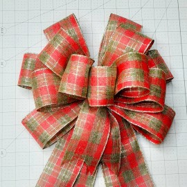 Unbranded Christmas Bow, Wreath Bow, Red Satin w Red/Green/Gold Plaid, Size Med/Large