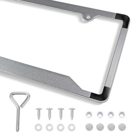 Hanwell Products 1pcs Titanium Look License Plate Frame with 2 Holes, Heavy Duty Metal Zinc Alloy, Mirror Corners License Plate Holder, with Mounting Hardware Kit, Screws Chrome Caps (Sliver) (Black)