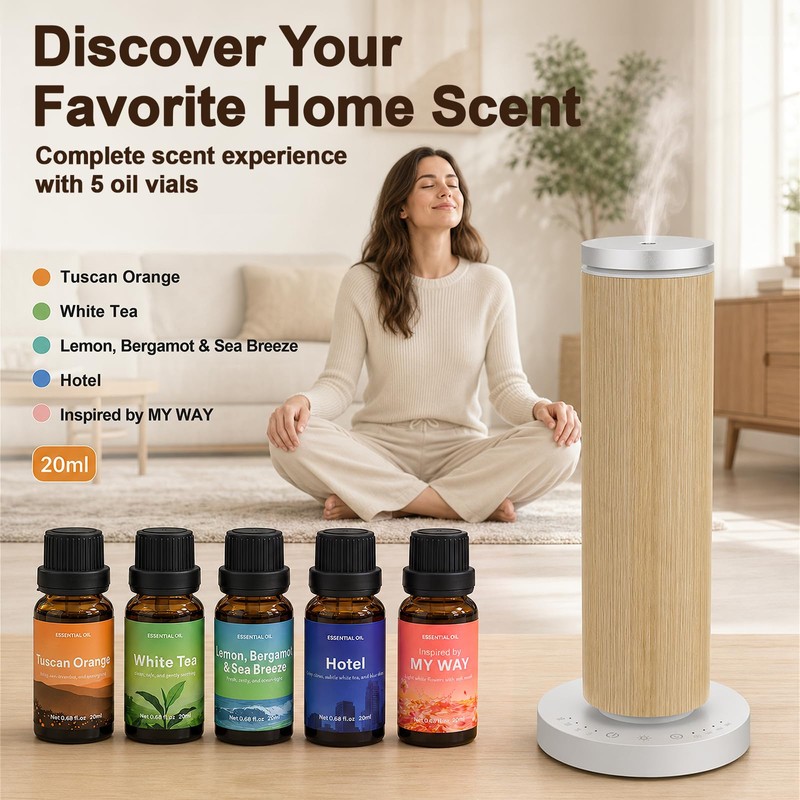 Waterless Essential Oil Diffuser, Wood Scent Diffuser with 5 Fragrance