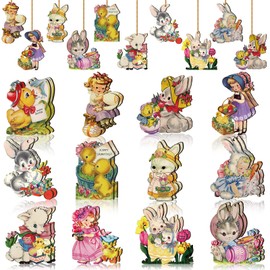 24 Pcs Easter Hanging Ornaments for Tree Vintage Easter Wooden Ornament Retro Spring Wooden Slices Ornaments Elf Wooden Decorations with Rope for Easter Party