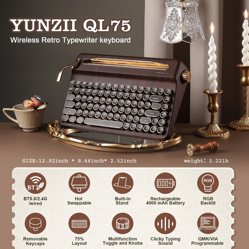 YUNZII QL75 Wireless Typewriter Hot Swap Retro Mechanical Keyboard,Punk Round