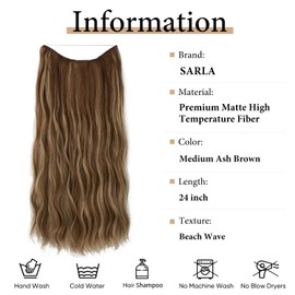 SARLA Invisible Wire Hair Extension with 3 Clips Synthetic Long Beach Wave Hairpiece Transparent Adjustable Headband for Women 24 Inch Medium Ash Brown