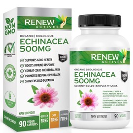 RENEW ACTIVES ORGANIC ECHINACEA (10:1 RATIO) - High Potency Herbal Supplement to Relieve Symptoms & Shorten Duration of Upper Respiratory Conditions, Non-GMO, Easy-to-Swallow - 90 Capsules - Made in Canada