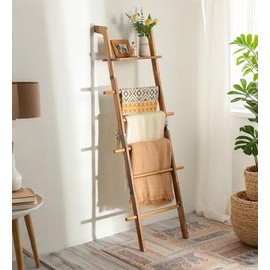 ZUNTO Blanket Ladder with Top Shelf for The Living Room - 67in Decorative Wooden Blanket Holder, 5 Tier with Side Hooks for Hanging - Rustic Farmhouse Towel Throw Ladder Rack for Organize and Display