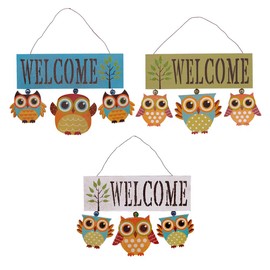 E-view Owls Welcome Sign Wooden Hanging Welcome Door Sign for Porch Patio - Wood Door Décor Home Garden Decorative Wall Ornament (Set of 3)