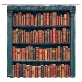 MYYJYY Library Bookshelf Shower Curtain Vintage Books Literature Study Educational Blue Wooden Bookcase Reading 70" Wx70 H Fabric Bathroom Decor Curtain with Hooks