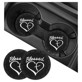 SHMZK 2 PCS Car Cup Holder Coaster, 2.76 Inch Blessed Cross and Heart Vehicle Insert Cup Coasters, Anti-Slip Shockproof PVC Drink Cup Mats for Most Vehicles, Car Accessories (Black)